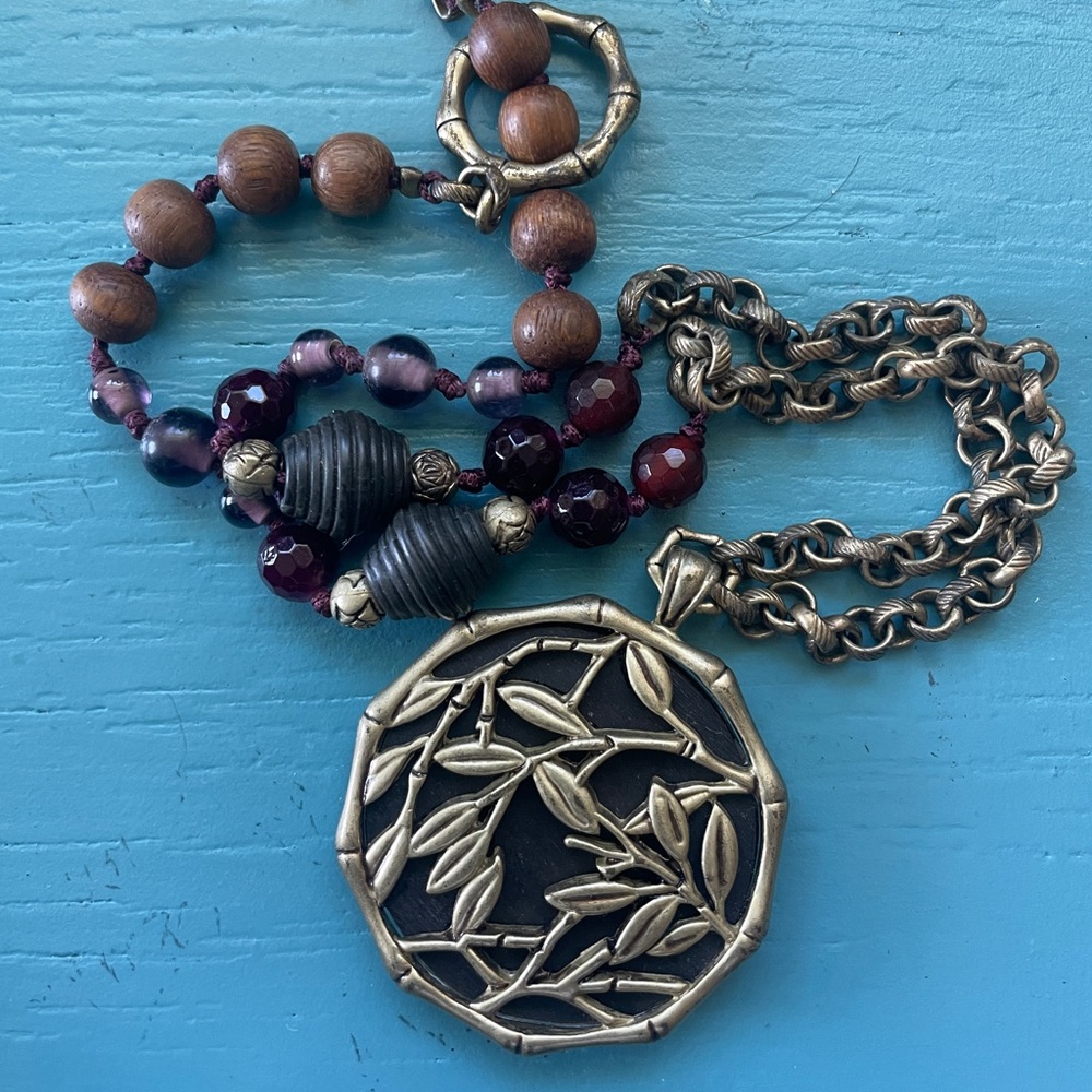 Vintage Lucky Brand beaded bamboo pendant necklace